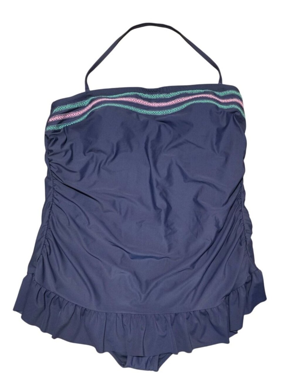 True Craft Women's One Piece Swimsuit Size 3X Blue Embroidered Swim Dress Skirt